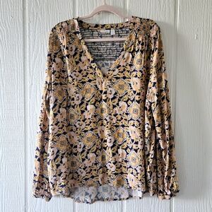 HINGE  Boho Western Floral V Neck Smocked Longsleeve Tunic Yellow Black  XXL